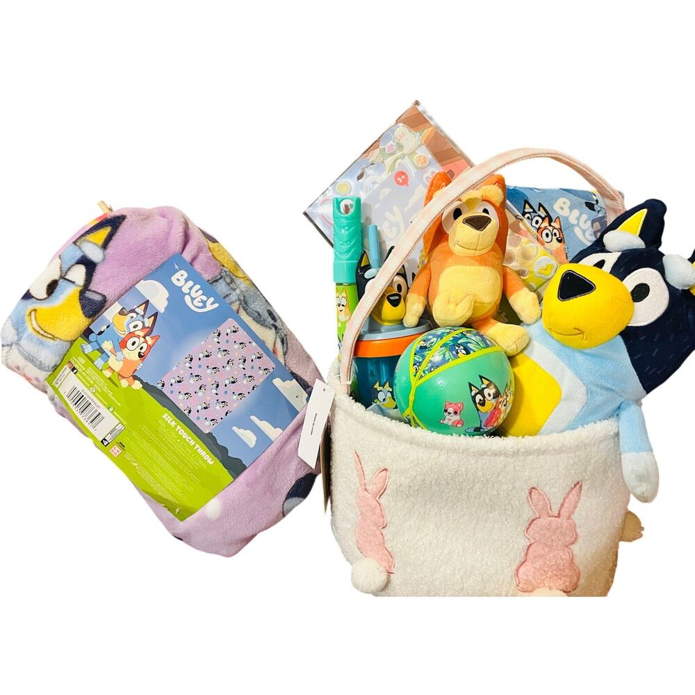 Bluey Easter bundle 50 70 throw ,Bluey pillow ,ball , bubbles , 40 sticker pack